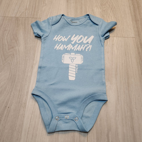 Light Blue onesie with words How You Hammah and a picture of a hammer