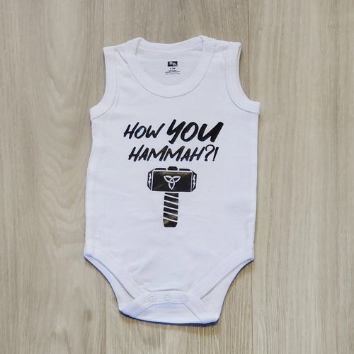 White onesie with words How You Hammah and a picture of a hammer