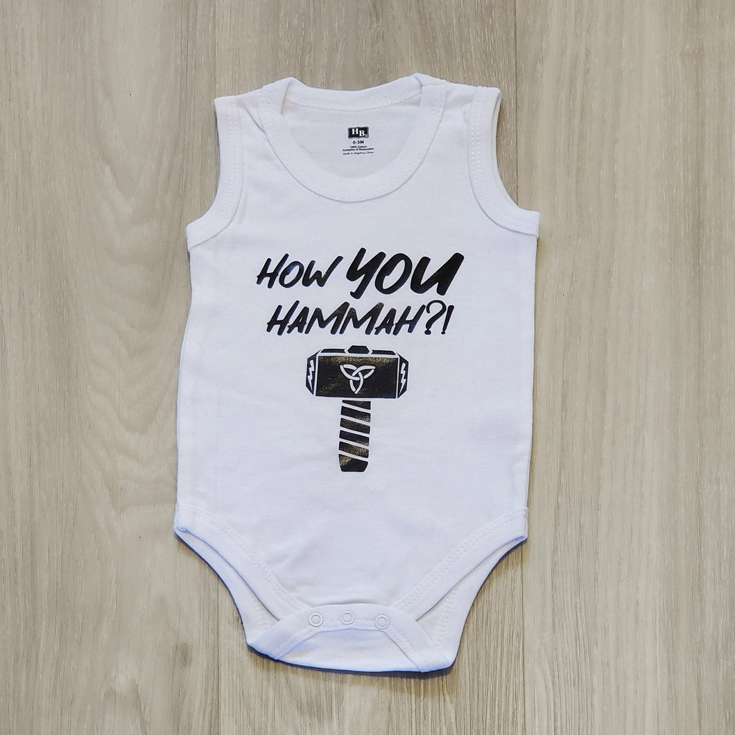 White onesie with words How You Hammah and a picture of a hammer
