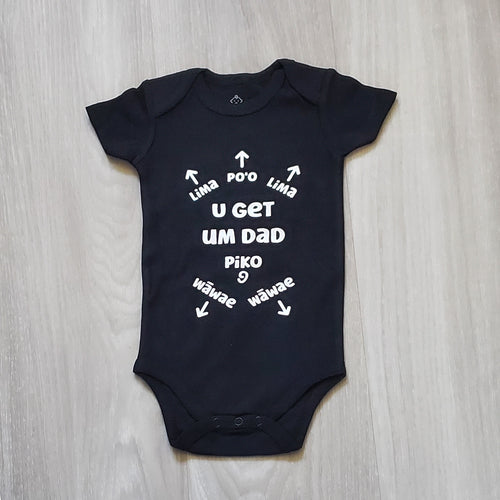 Black onesie with body parts labeled in Hawaiian